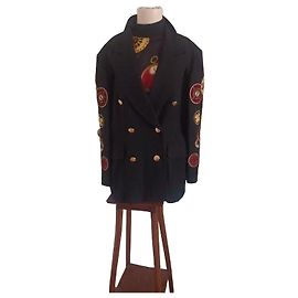 Escada Margaretha Ley Set Wollblazer und Seidenbluse Uhrenmotiv Größe 42