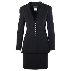Traje de falda Chanel Primavera 1997 en lana negra con botones CC