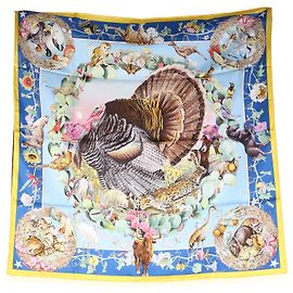 Foulard Hermès Jaune Vif Bleu Azur Multicolor Silk Faune Et Flore Du Texas Scarf 90