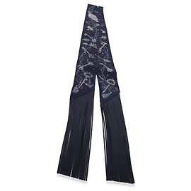 Hermès Bleu Marine Gris Argent Marine Les Cles A Pois Silk Fringe Twilly