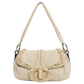Prada Bolsa de ombro em denim bege com franjas e fecho turn-lock