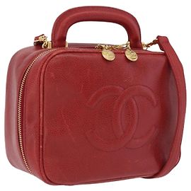 Sac à main Vanity CHANEL en cuir Caviar 2 voies Rouge Doré CC