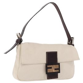 FENDI Mamma Baguette Shoulder Bag cotton Ivory Silver