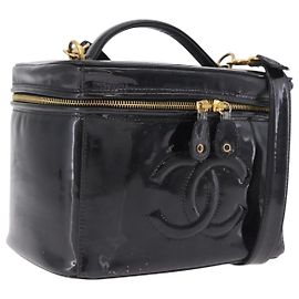 CHANEL Vanity Cosmetic Pouch Patent 2way Black Gold Tone CC