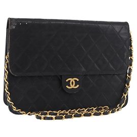 CHANEL Chain Shoulder Bag Lamb Skin Black Gold CC