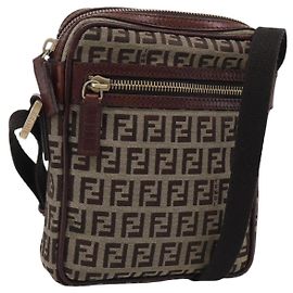 FENDI Zucchino Canvas Shoulder Bag Beige Gold
