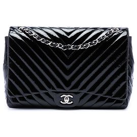 Chanel Black Jumbo Classic Chevron Patent Double Flap
