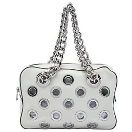 Bolsa de Ombro Prada em Vitello Daino Branco com Corrente e Ilhoses