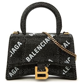 Borsa a mano Hourglass XS Balenciaga in camoscio nero con logo e strass