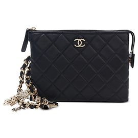 Chanel Black CC Quilted Lambskin Coco Charms Chain Wristlet Pouch
