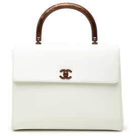 Bolso Chanel White CC Caviar Kelly Wood Top Handle Bag