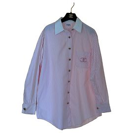 Chanel Rosa-weiß gestreiftes Baumwollhemd mit CC-Logo