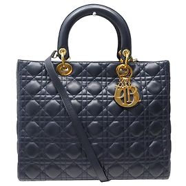 BOLSA VINTAGE CHRISTIAN DIOR LADY LARGE COURO MARINHO CANNAGE NAVY BAG
