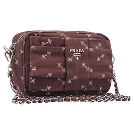 PRADA Sac à épaule à chaîne Canvas Marron Argent Auth 209497A - Jerrillo