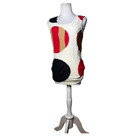 Top sin mangas plisado Vintage Issey Miyake Crema Rojo Marrón L