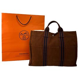 Borsa Tote Vintage Hermès Fourre-Tout Canvas Brown Navy