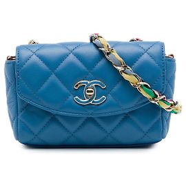 Borsa a tracolla Chanel Mini Quilted Lambskin Cocovado Ribbon Chain Flap Blu