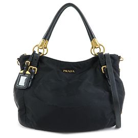 PRADA Nylon Leder 2-Wege Tasche Handtasche Schultertasche Schwarz BR4303