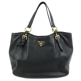 PRADA Soft Calf Leather Tote Bag Shoulder Bag Black BR4691