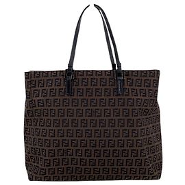 Fendi Vintage braun-schwarze Zucchino Canvas und schwarze Leder Tote Bag