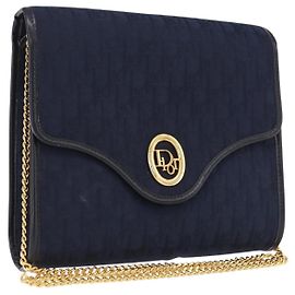Christian Dior Trotter Canvas Chain Shoulder Bag Navy Gold