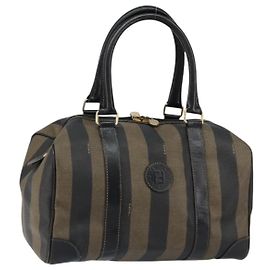 FENDI Pecan Canvas Boston Bag PVC Black Brown gold