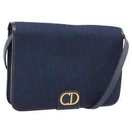 Christian Dior Trotter Canvas Shoulder Bag Navy Gold Tone