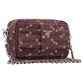 PRADA Sac à épaule à chaîne Canvas Marron Argent
