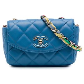 Chanel Blue Mini Quilted Lambskin Cocovado Ribbon Chain Flap