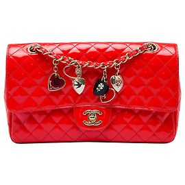Chanel Red Medium Classic Patent Valentines Heart Charms Single Flap