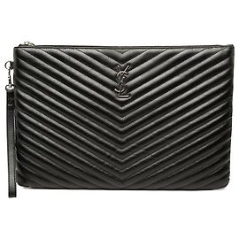 Autre Marque Portadocumenti Saint Laurent in pelle chevron nera con monogramma