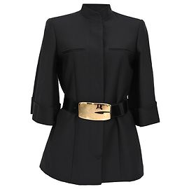 Blazer Gucci con cuello mandarín y cinturón en lana negra