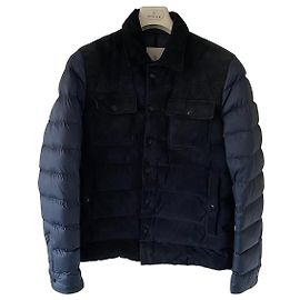 Casaco Moncler Nourry de camurça e plumas azul marinho