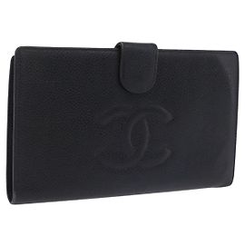 Carteira Longa CHANEL Caviar Skin Black Gold Tone CC Auth 209562 - Jerrillo