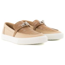 HERMÈS - Mocassini Kelly Hermès in pelle liscia beige e pelle esotica di alligatore (T38)