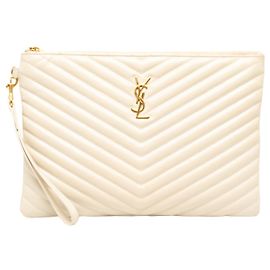 Autre Marque Borsa Clutch per Tablet Saint Laurent in pelle di vitello monogram chevron bianca