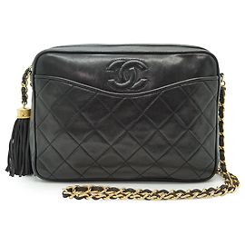 Chanel Borsa Camera Vintage CC in Pelle di Agnello Matelassé con Frange e Catena
