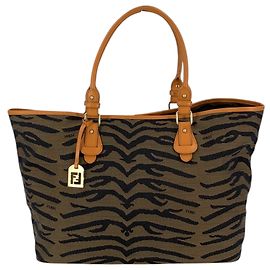 Fendi Shopper Schultertasche aus Canvas mit Tiger-Print und orangefarbenen Ledergriffen