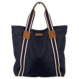 Gucci GG Nylon Tote Bag in Schwarz mit braunen Lederdetails und Web-Riemen