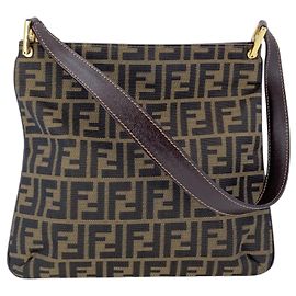 Fendi Vintage Schultertasche aus braunem und schwarzem Zucca Canvas mit Lederriemen