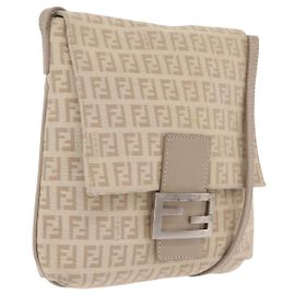 FENDI Zucchino Canvas Shoulder Bag Beige Silver 8BT075