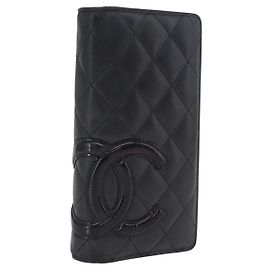 CHANEL Matelasse Cambon Line Long Wallet Lamb Skin Black Silver CC