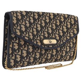 Christian Dior Trotter Canvas Chain Shoulder Bag Navy Gold Tone