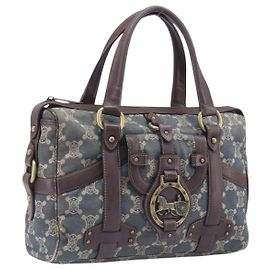 Céline CELINE Paris Macadam Canvas Horse Carriage Hand Bag Blue Gold