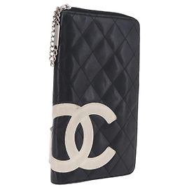 CHANEL Cambon Line Matelasse Long Wallet Leather Black Silver CC