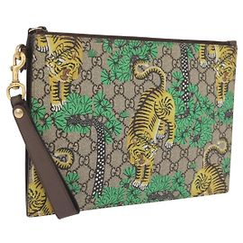 GUCCI GG Supreme Tiger Clutch Bag PVC Leather Beige Gold 451473