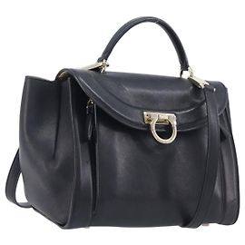 Salvatore Ferragamo Gancini Hand Bag Leather 2way Black Gold
