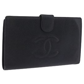 CHANEL Lange Geldbörse aus Kaviarleder Schwarz Goldfarbenes CC