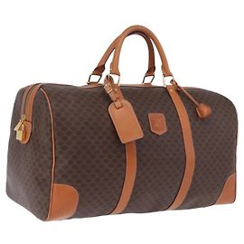 Céline CELINE Bolsa Boston em lona Macadam PVC Couro Castanho Dourado