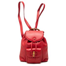 Gucci Red Calfskin Bamboo Drawstring Backpack